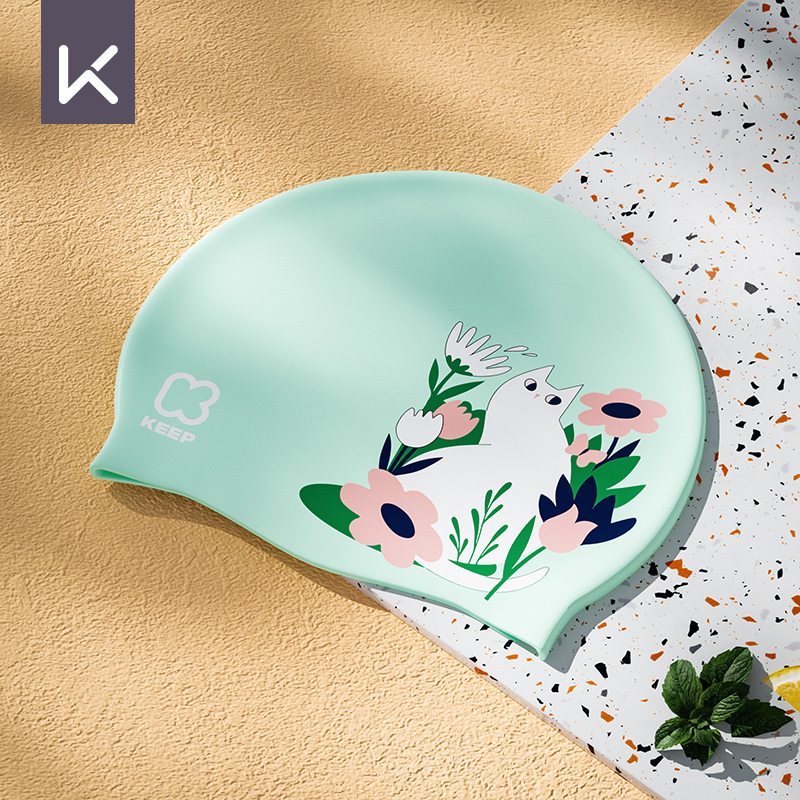Keep Swimming Cap Female Silicone Waterproof Not Squeezing Head Fashion Printed Swimming Cap Plaid Long Hair plus Size No. Ear-Protecting Swimming Cap