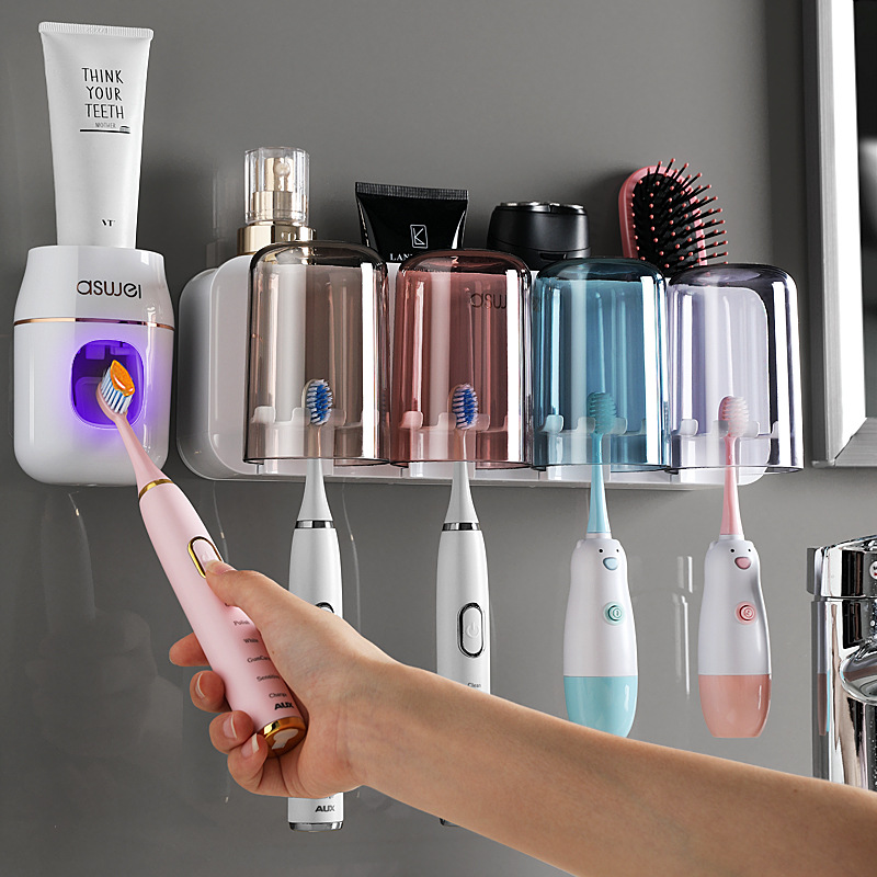 Toothbrush Rack Mouthwash Cup Wall-Mounted Bathroom Punch-Free Wall-Mounted Electric Tooth-Cleaners Tooth-Brushing Cup Set
