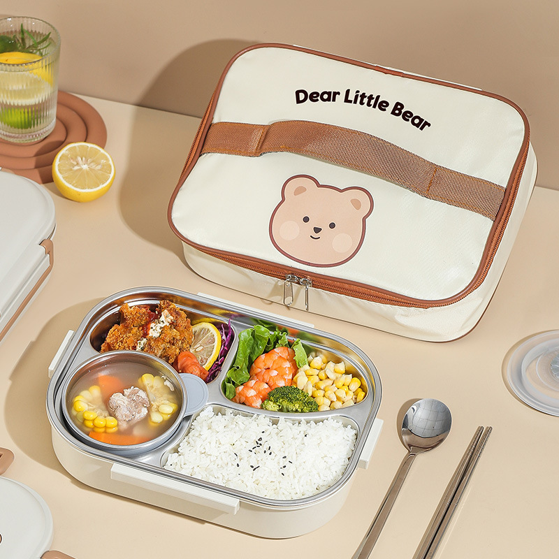 304 Stainless Steel Insulated Lunch Box Divided into Two Grids Cute Student Separated Sealed Lunch Box with Lid Lunch Box