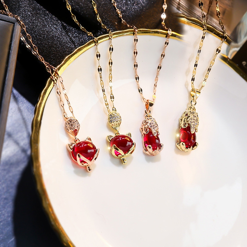 Korean Version of Chanel's Style Red Gemstone Fox Fortune Pixiu Pendant Titanium Steel Necklace Female Simple Jewelry Clavicle Chain