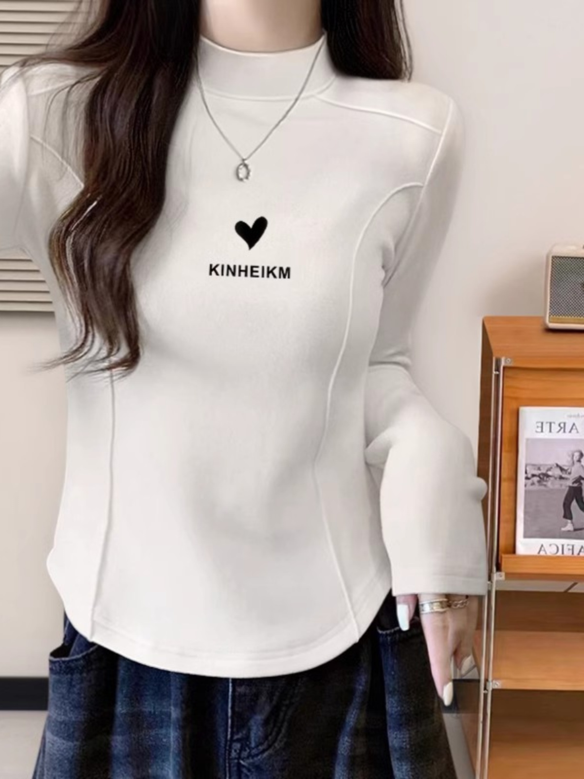 White Half-High Collar Inner Match Bottoming Shirt for Women 2025 Autumn Slimming Long-Sleeved T-shirt Pure Cotton Fishbone Petite Top