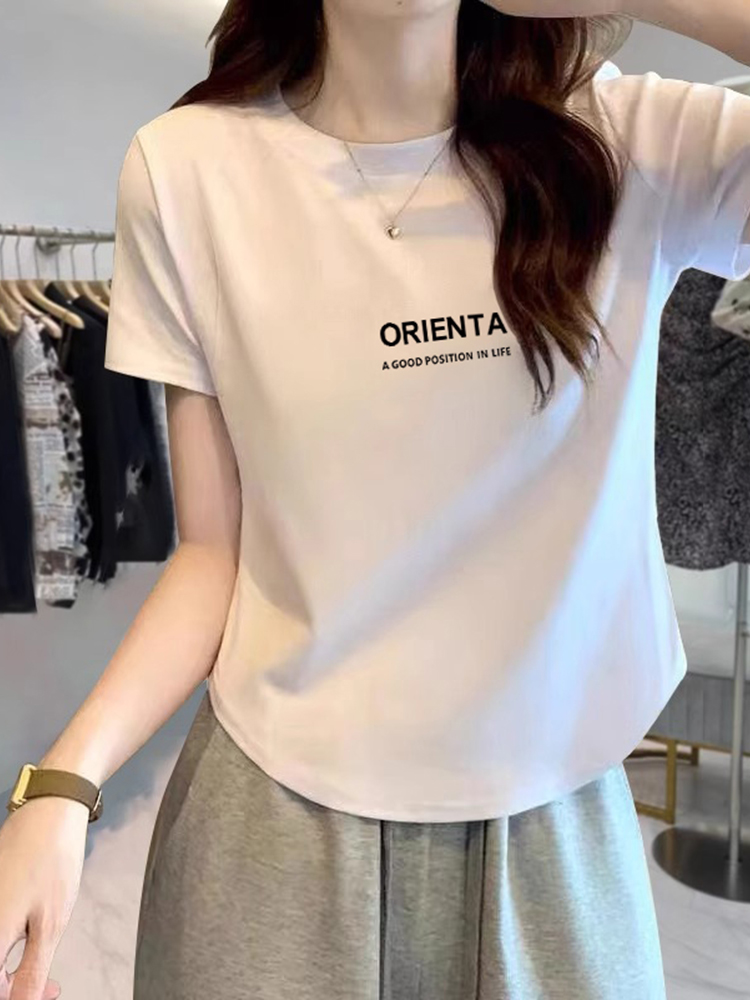 European Goods Shoulder T-Shirt Women's Short-Sleeved Summer Wear 2025 New Arrival Pure Cotton Asymmetrical Curved Short Petite Top Fashion