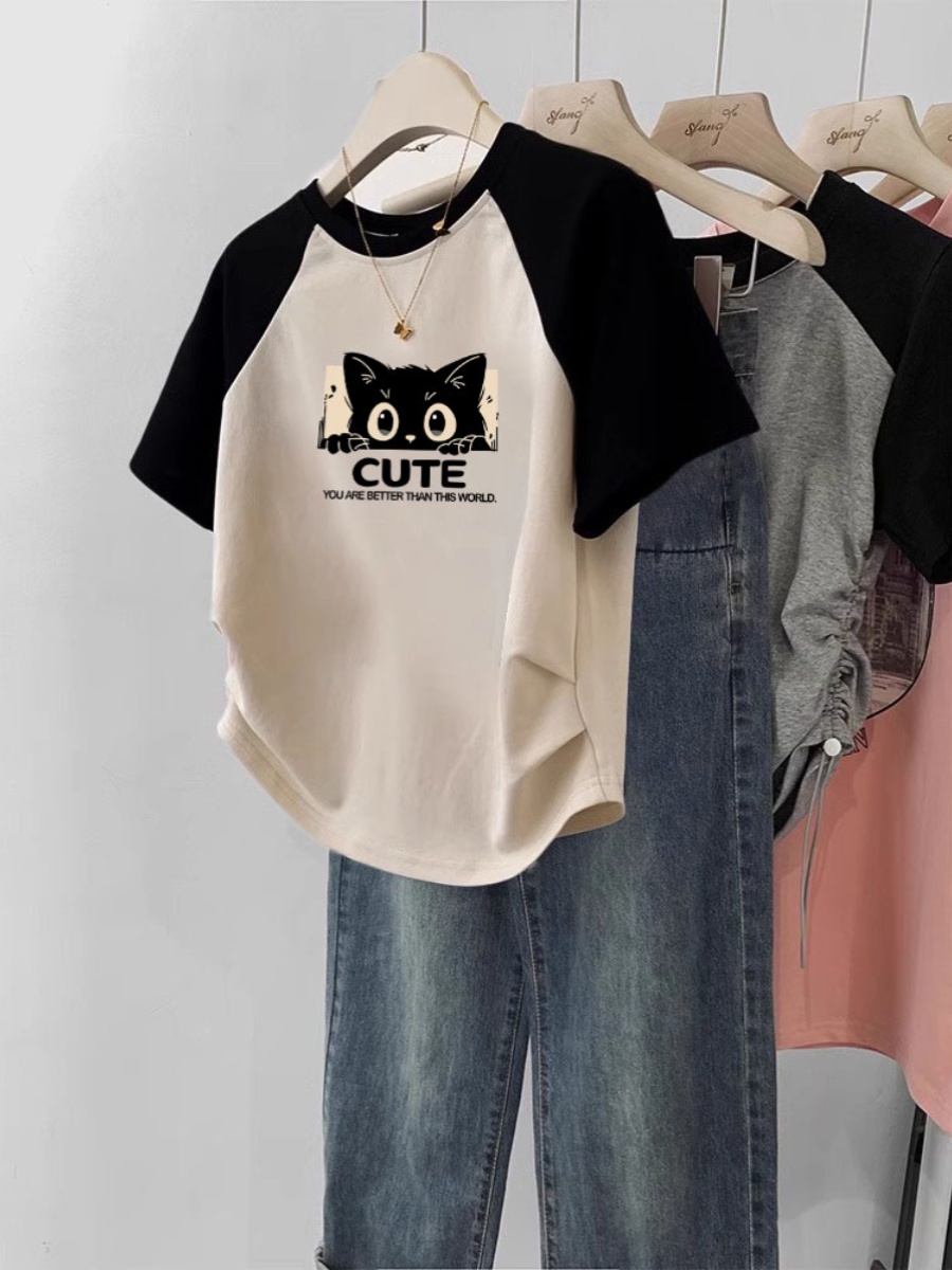 Thirteen Rows Women's Clothing 2025 New Patchwork Contrast Color Pure Cotton Short-Sleeved Raglan T-shirt Female Summer Loose Slim Looking Tops