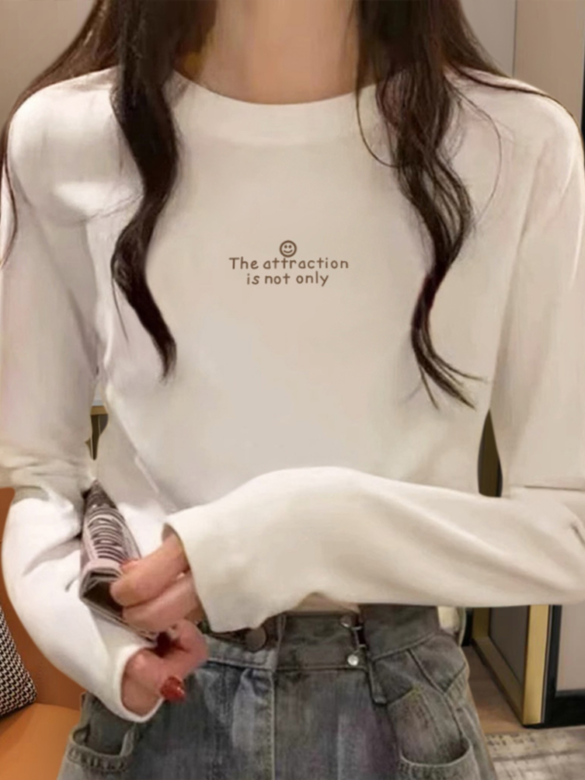 Pure Cotton White round Neck Long Sleeve Bottoming Shirt T-Shirt Women's Inner Wear Spring and Autumn New Arrival Shoulder Short Silm Tops