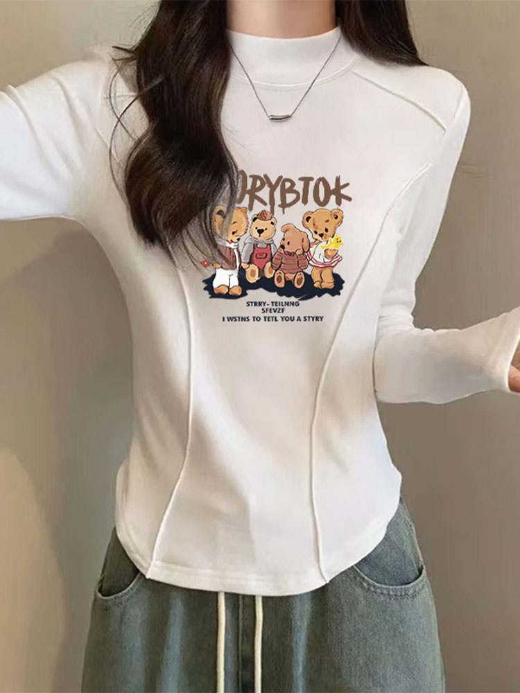 Asymmetrical Half Turtleneck Bottoming Shirt Fall and Winter New Arrival Pure Cotton Brushed Long Sleeve T-Shirt Women's Inner Wear Age Reduction Fishbone Tops