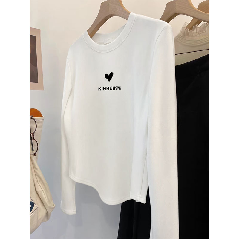 Pure Cotton Shoulder White Long Sleeve T-shirt Women's Spring and Autumn Suit Slim Fit Inner Wear Curved Hem Short Slimming Tops
