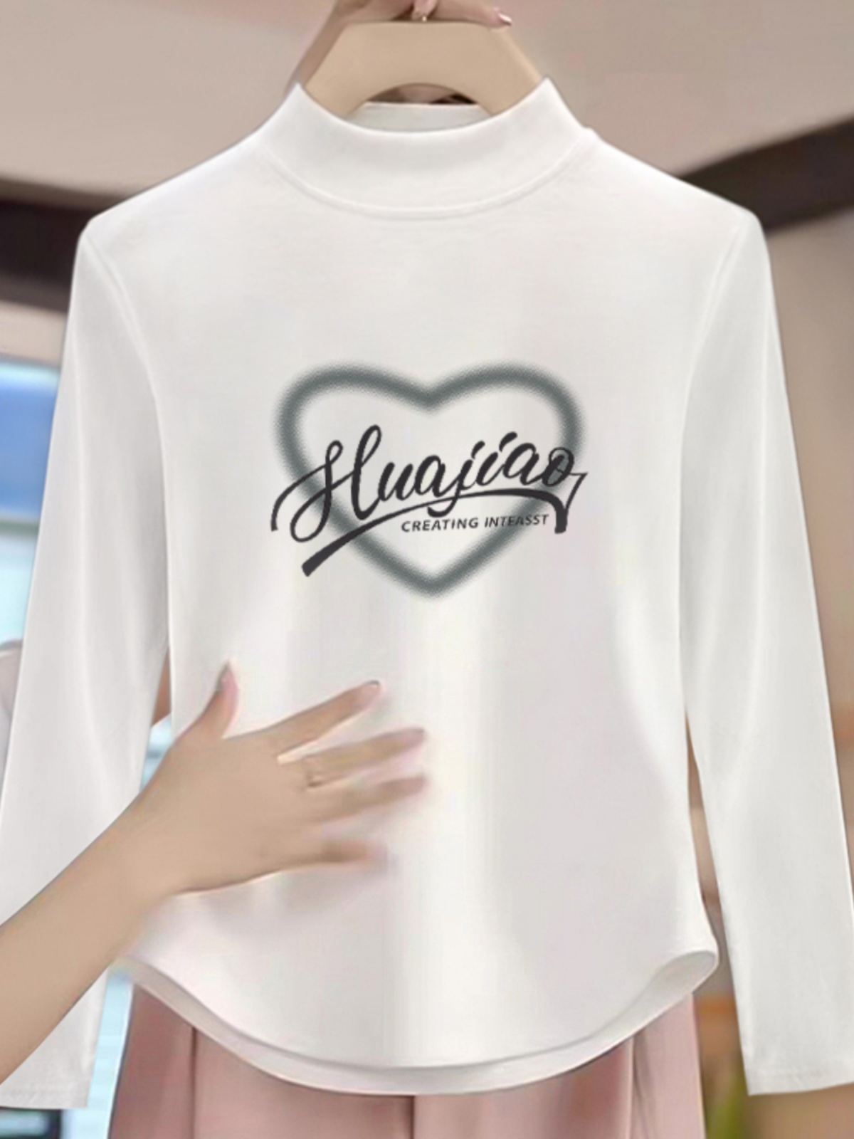 Double-Sided Dralon Half-High Collar Long Sleeves T-Shirt Women's Fashion All-Matching Thick White Inner Bottoming Shirt Tops Autumn and Winter