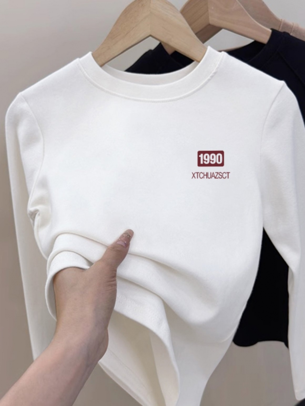 Shoulder White Bottoming Shirt Women's Inner Wear Spring & Fall New Arrival Western Style Slimming round Neck Pure Cotton Long Sleeves T-shirt Short Tops