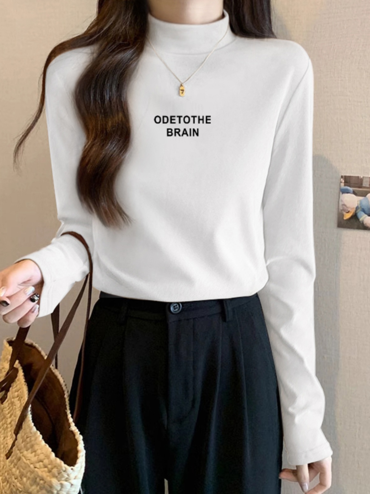 Half Turtleneck Bottoming Shirt Women's Autumn and Winter Casual All-Match White Pure Cotton Brushed Long Sleeve T-shirt Slim Fit Slimming Top