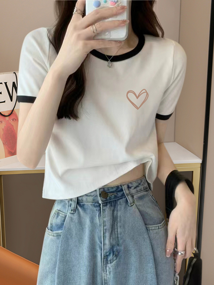 2025 New Arrival Shoulder Pure Cotton Contrast-Color Short-Sleeved T-shirt Women's Fashion All-Match Western Style Youthful-Looking Slimming and Short Top Clothes