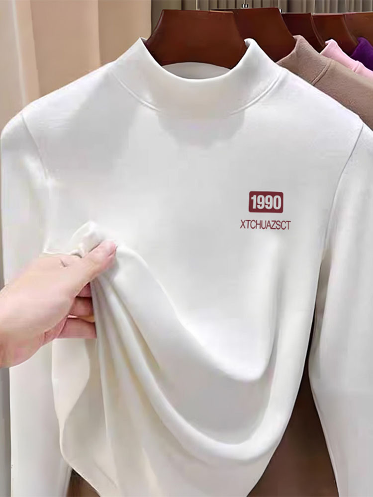Футболка с полувысоким воротником, женская, осень и зима, повседневная, универсальная, белая, двусторонняя, дрань, с длинным рукавом, приталенная, стройнящий топ
