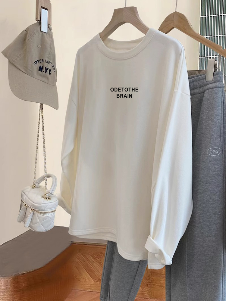 Dralon round Neck Long sleeves Shirt Women Fashion Letters All-Match Thick White Inner wear Bottoming Shirt Top Autumn and Winter