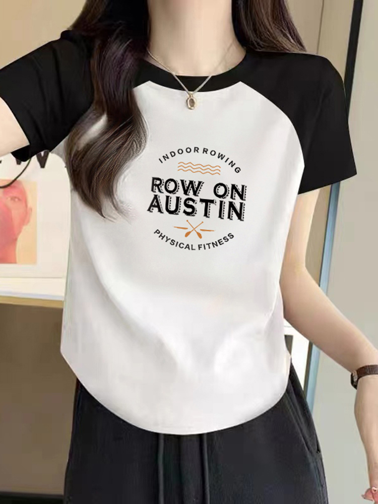 Pure Cotton Shoulder Raglan Color Matching Short Sleeve T-Shirt Women's Summer Wear 2025 New Arrival Asymmetrical Hem Short Silm Tops
