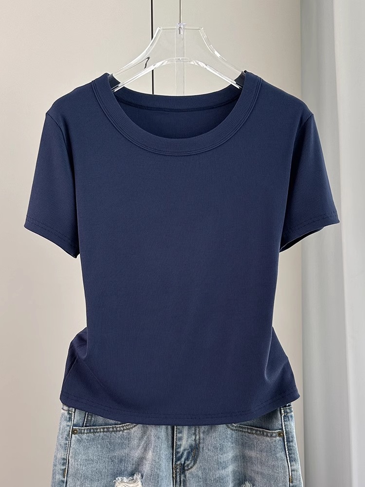 Shoulder Short Sleeve T-Shirt Women's Summer 2025 New Arrival Loose Easiest for Match Crew Neck T-shirt Thread Pure Color Inner Wear Blouse