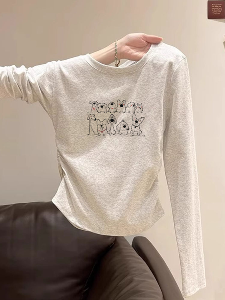 Pure Cotton Long Sleeves Younger T-shirt Women 2025 New Arrival Asymmetrical Curved Hem Bottoming Shirt Shoulder Short Tops