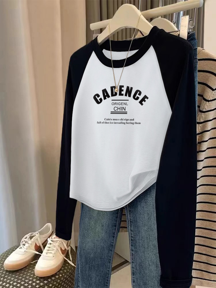 round Neck Tops Women's Spring and Autumn Irregular Design Raglan Pure Cotton Slim Looking Contrast Color Inner Wear Short-Sleeved T-shirt