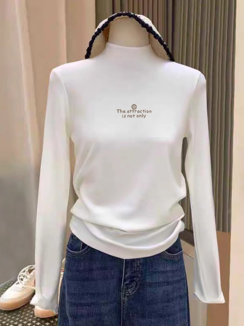 Shoulder Dralon Half-high Collar Bottoming Shirt Women Autumn and Winter Fashion Inner wear Thickened Warm Curved Hem Long sleeves Shirt Women