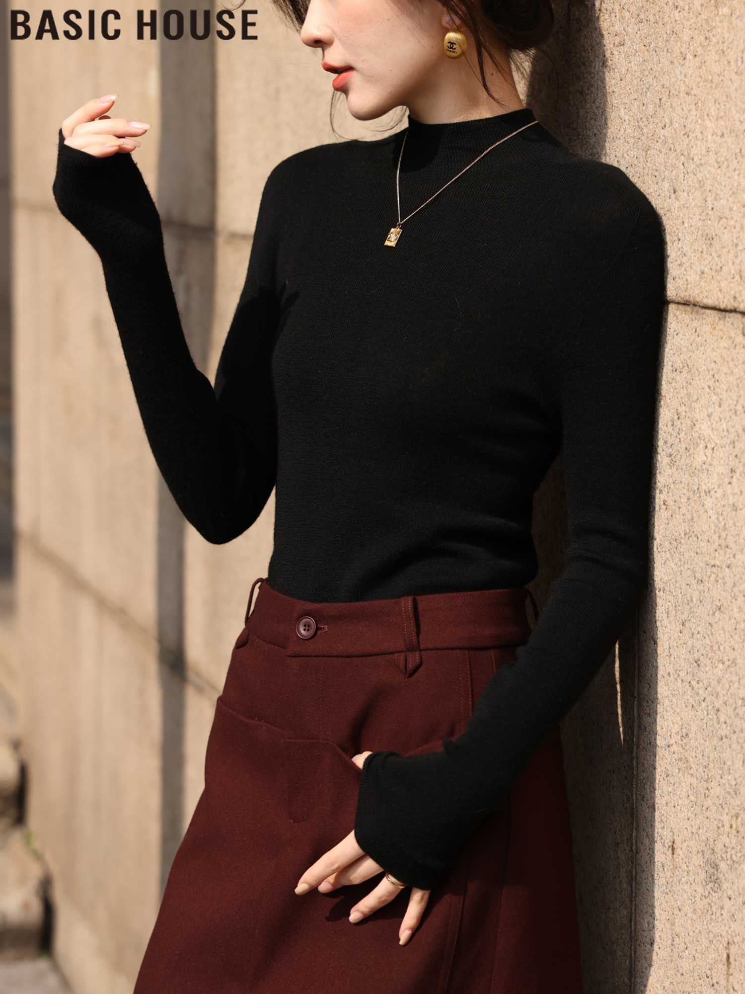 Basic House/Baijiahao Women's Wool Turtleneck Base Layer Shirt - 2025 Spring New Black Knit
