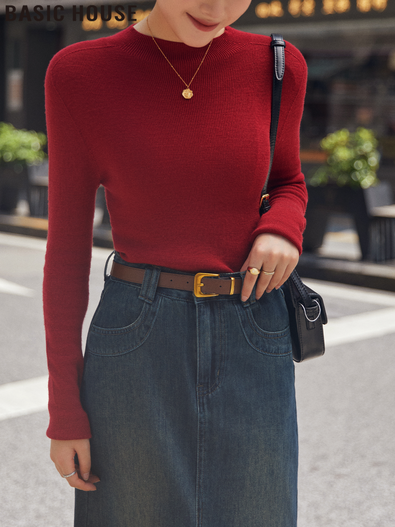Basic House/Baijiahao Agate Red Stretch Silm Crew Neck Inner Base Wool Knitwear Ladies