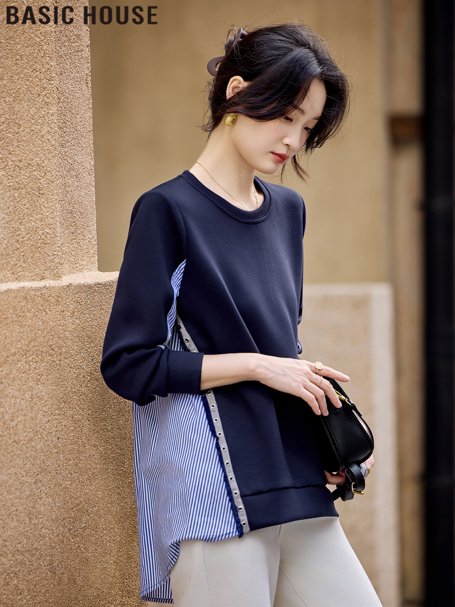 Basic House British Style Mid Length Long Length Back Patchwork Stripes Shirt Sweatshirt Women's Spring New Arrival