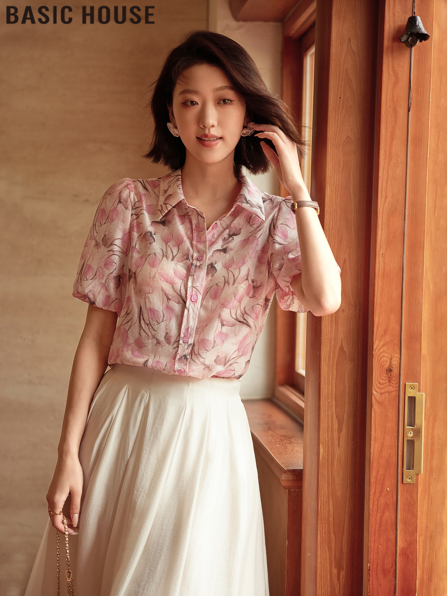 Basic House/Baijiahao Fashion Pictorial Light Print Loose Short Sleeve Shirt Female 2025 Summer New Arrival