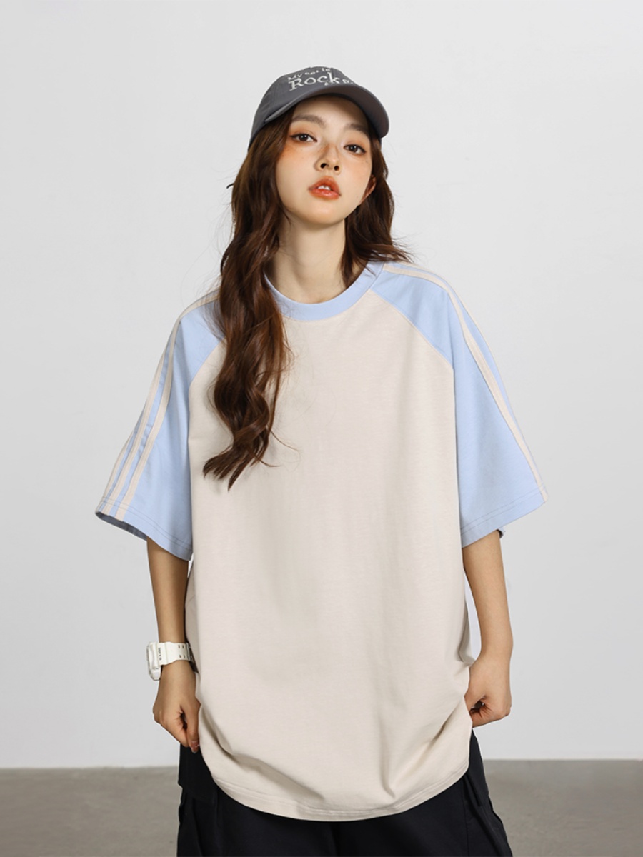 American Retro Three-Bar Color Matching Short-Sleeved T-shirt for Women Trendy Couple Loose Preppy Style Summer Raglan Sleeve Tops