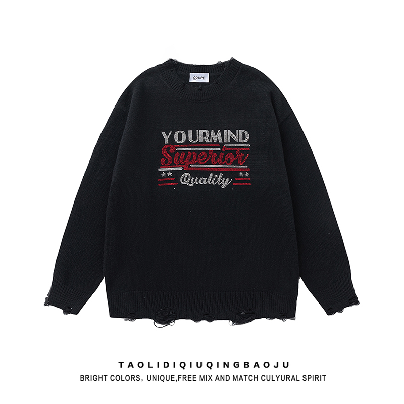 American Street Letters Rhinestone round Neck Sweater Female Autumn Fashion Brand Loose Casual Couple Pullover Black Knitwear