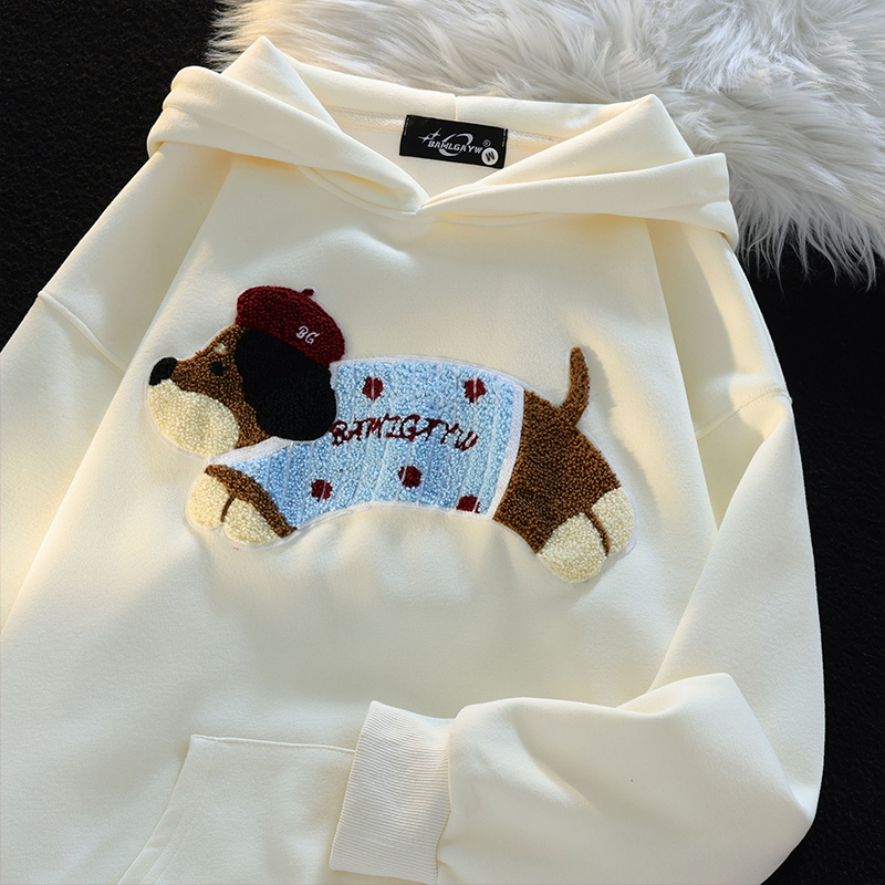 Fun Sausage Dog Towel Embroidery Hooded Sweatshirt Women 2025 New Arrival Loose Couple Outfit American Lazy Chic Outwear