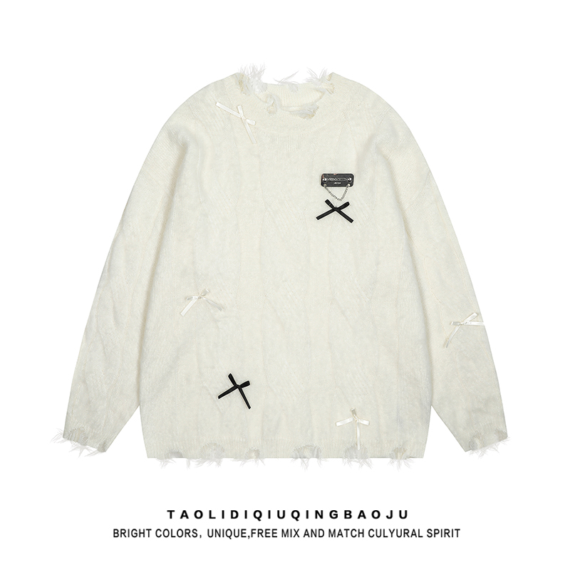 American Retro Worn Bows Pullover Sweater Female Winter Comfortable Loose Casual Soft Glutinous Knitwear Tops