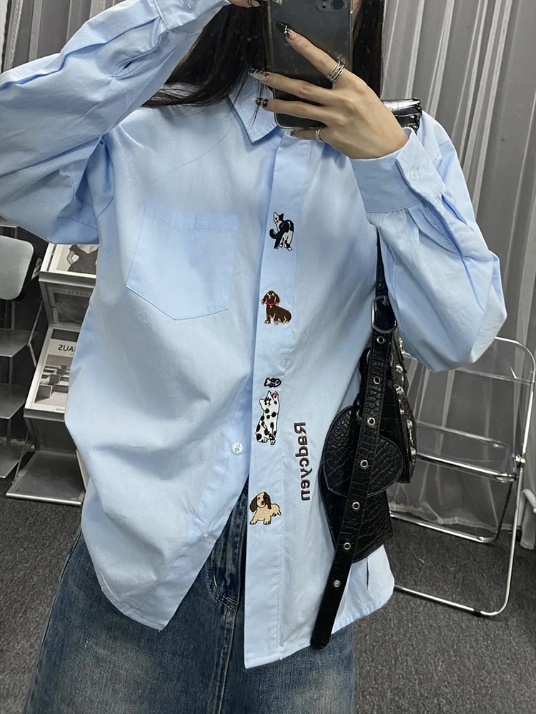 Japanese Cute Puppy Embroider Long Sleeves Shirt Female Early Autumn Korean Style Preppy Style Loose Easiest for Match Student Blue Shirt