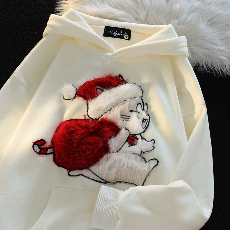 American Retro Christmas Kitten Flocking Hooded Sweatshirt Women 2025 New Lazy Wind Casual Easiest for Match Fleece Padded Coat