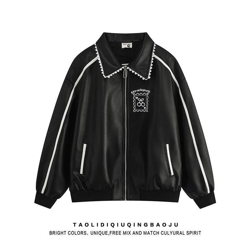 Stylish Lace Patchwork Polo Collar Jacket Female Autumn Sweet Cool Wind Loose Easiest for Match Niche Style Black PU Leather Coat