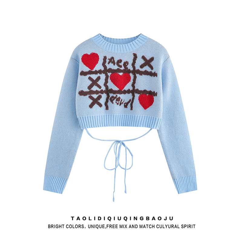 K-style Heart Letter Jacquard round Neck Sweater Women's 2025 New Arrival Small Slim Looking All-Matching Short Knitwear