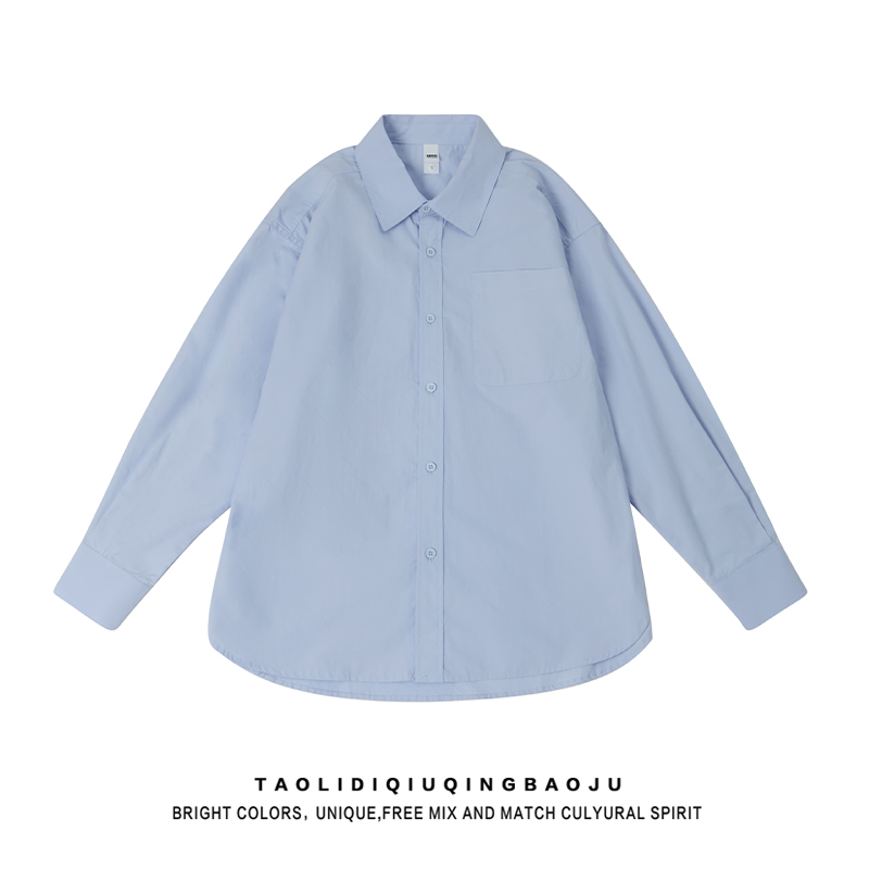 Basic Style Pure Color Polo Collar Long Sleeves Shirt Women's Autumn Loose Lovers Wild Mid-Length Thin Shirt Coat