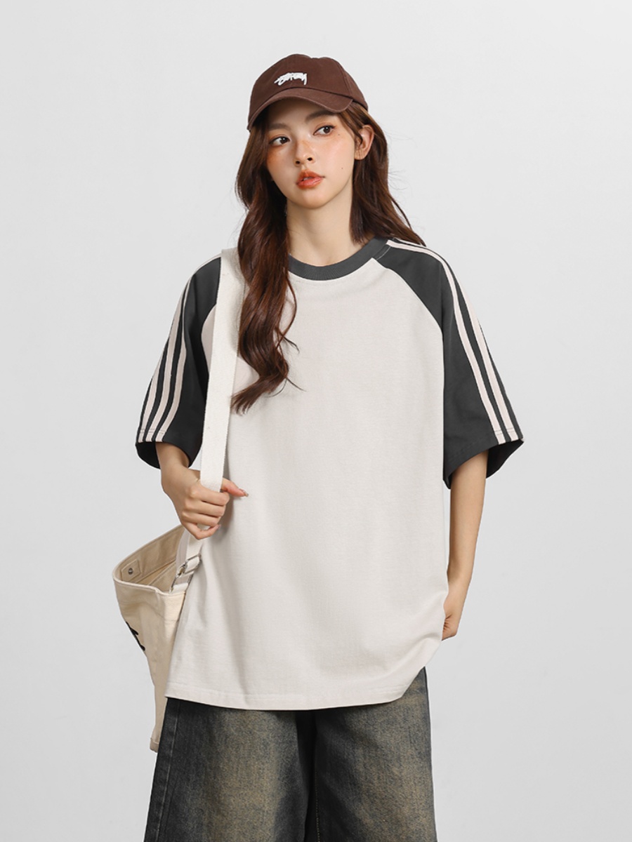 American Retro Three-Bar Color Matching Short-Sleeved T-shirt for Women Trendy Couple Loose Preppy Style Summer Raglan Sleeve Tops