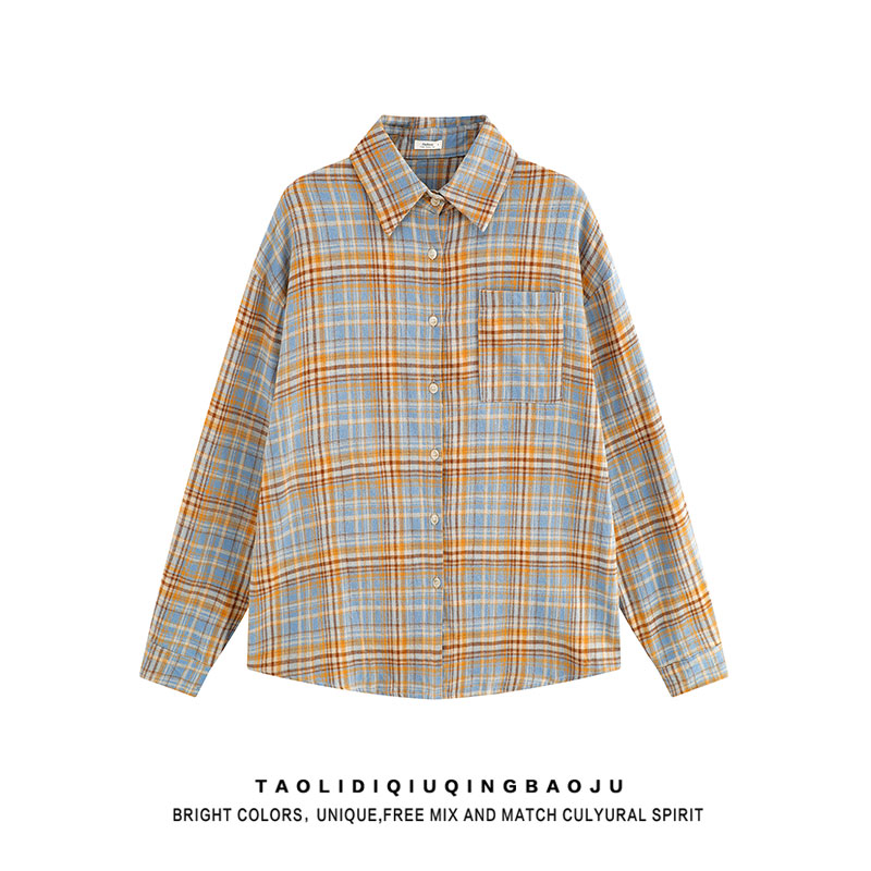 American Retro Gingham Polo Collar Long Sleeves Shirt Women's Autumn Idle Style Casual Easiest for Match Mid Length Long Length Couple Coat