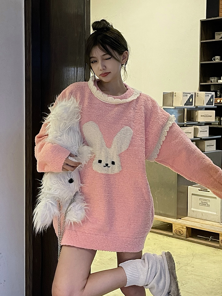 Cute Soft Glutinous Rabbit Lacework round-Neck Sweater Female 2025 New Arrival Sweet Anti-Aging Casual Easiest for Match Pink Knitwear