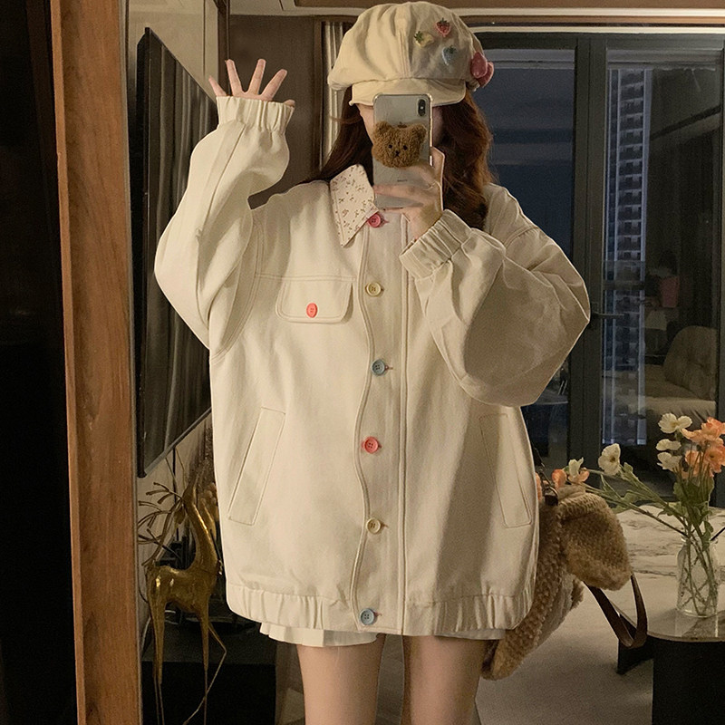 Sweet Style Age-Reducing Color Button Denim Outwear Female Loose Small Soft Girl Dopamine Loose-Fitting Jacket Top