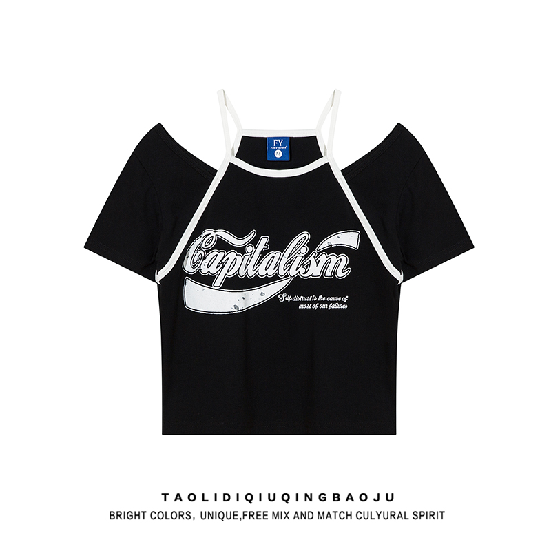 Off-the-Shoulder T-shirt Short Sleeve Summer Silm Tops Fake Two-Piece