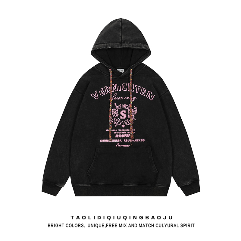 American Retro Letters Printed Hoodie Female Autumn Loose and Lazy Style Couple Worn Looking Washed-out Black Outwear