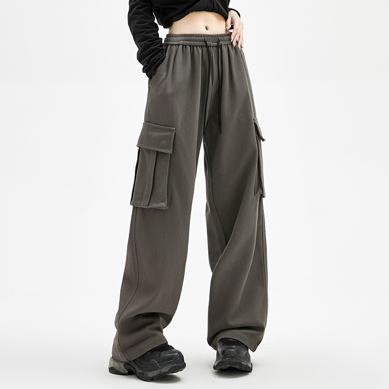 American Retro Gray Coffee Color Cargo Pants Female 2025 Fall High Waist Slim Looking Loose Pants Straight Mopping Pants Chic