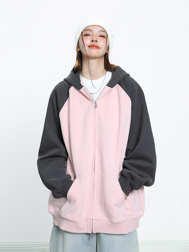 Heavy 400G Color Matching Raglan Sleeve Hoodie Women Spring Fashion Brand Casual All-matching Couple Zip-up Cardigan Outerwear