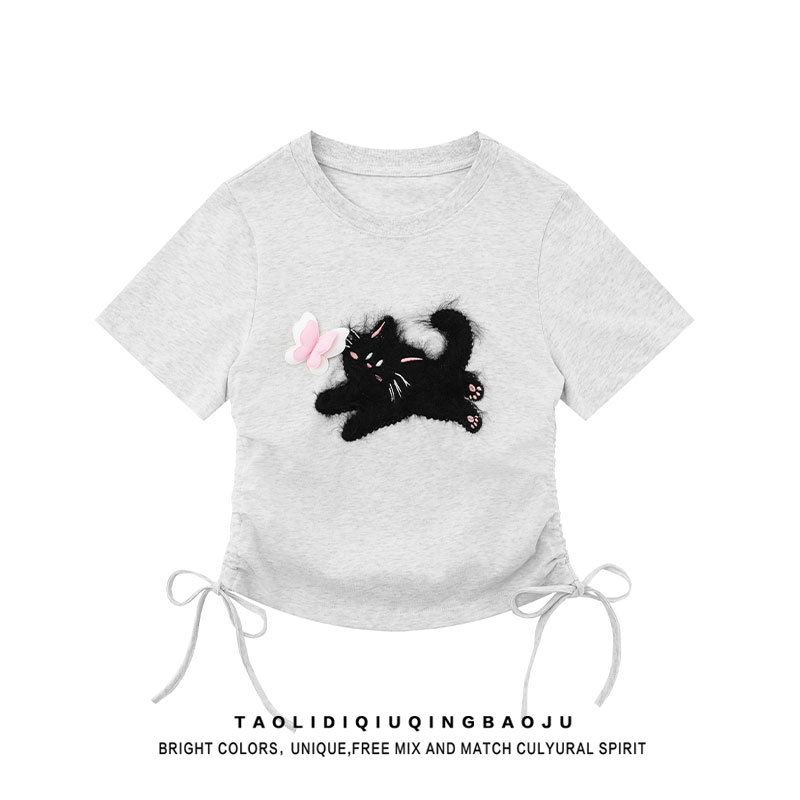 Soft Girl Furry Cat Drawstring Slim-Fit Short-Sleeved T-shirt