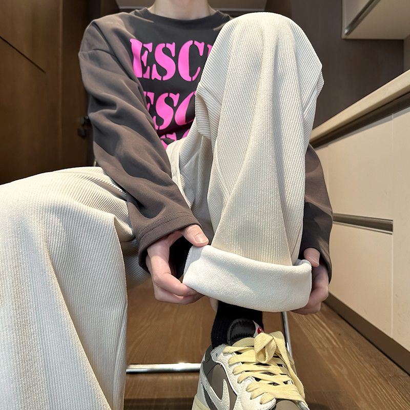 Corduroy White 2025 Winter Fleece Lined Padded Warm Keeping Straight-Leg Pants Wide-Leg Casual Pants Long Pants All-Matching Fashion Brand