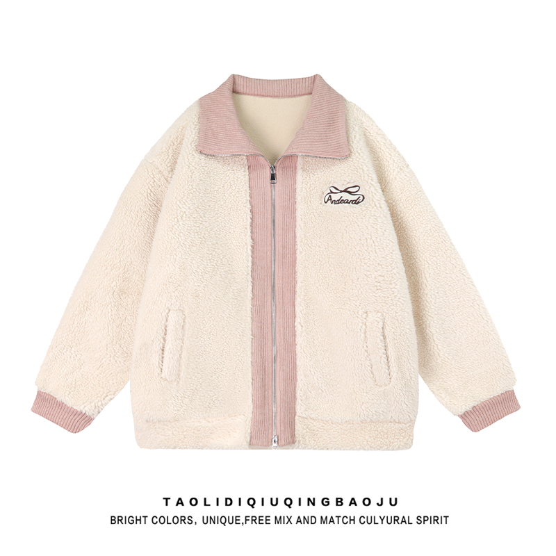 Japanese-Style Retro Color Stitching Turnover Neck Berber Fleece Coat Female 2025 New Arrival Korean All-Matching Youthful-Looking Thickened Warm Cotton Coat
