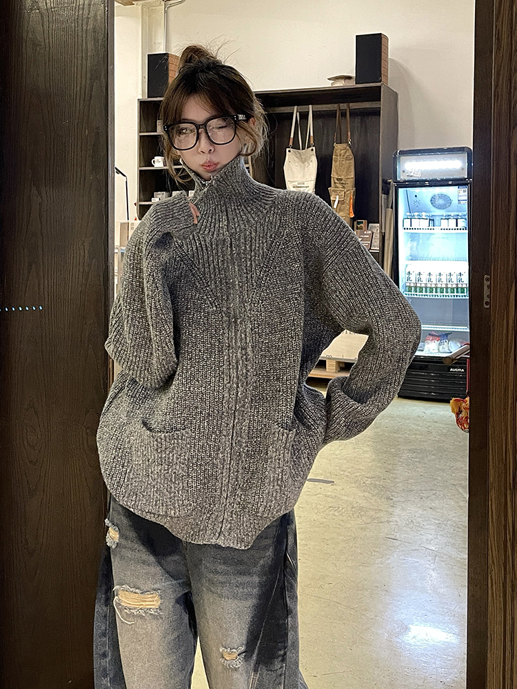 American Cleanfit Light Gray Stand Collar Sweater Outwear Women Fall High Street Loose Couple Lazy Knitting Cardigan