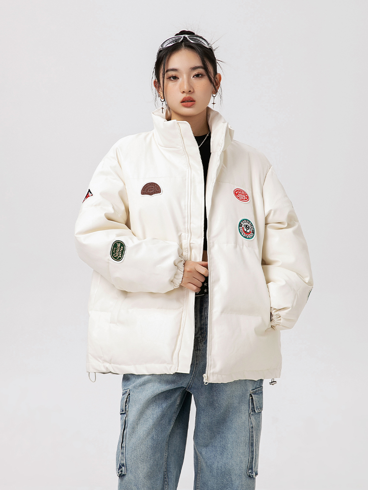 American Retro Labeling Embroider Stand-up Collar Cotton-Padded Coat Female 2025 Winter Windproof Heattech Motorcycle Clothing PU Leather Coat Tide