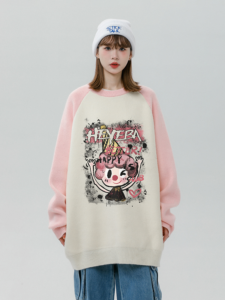 American vintage Cartoon Print round Neck Knit Women Autumn Idle Style Loose Slimming Versatile Mid-Length Sweater
