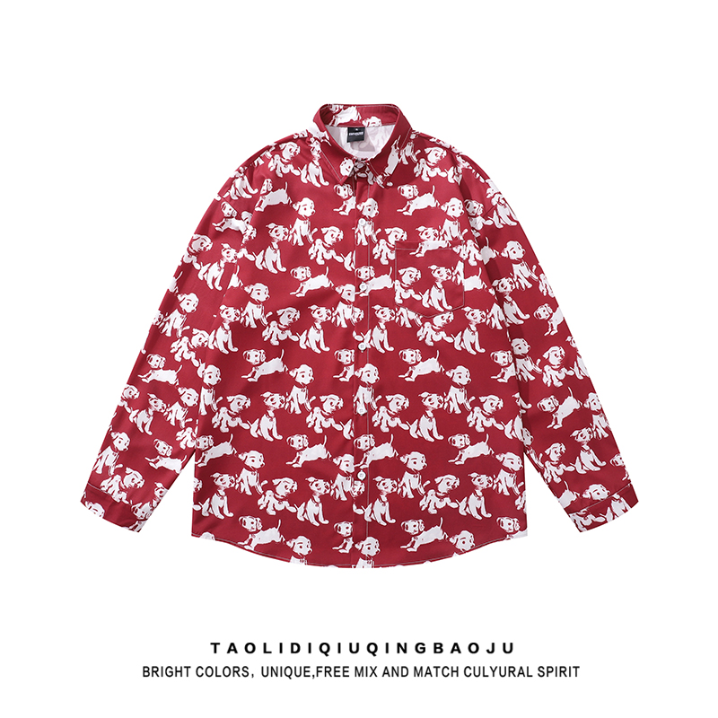 Cute Cartoon Dog Full Printed Long Sleeves Shirt Female 2025 New Preppy Style Casual Easiest for Match Couple Cardigan Outer Wear