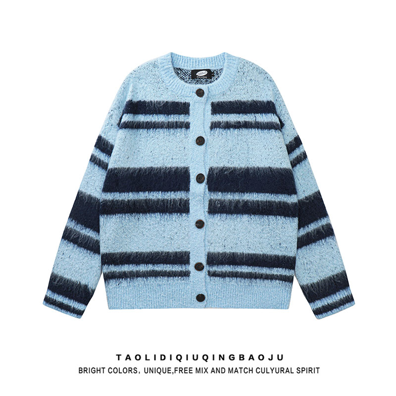 Retro Contrast Color Stripes Mink-like Knitting Outwear Women's Autumn Idle Style Loose Easiest for Match Soft Glutinous Sweater Cardigan Tide